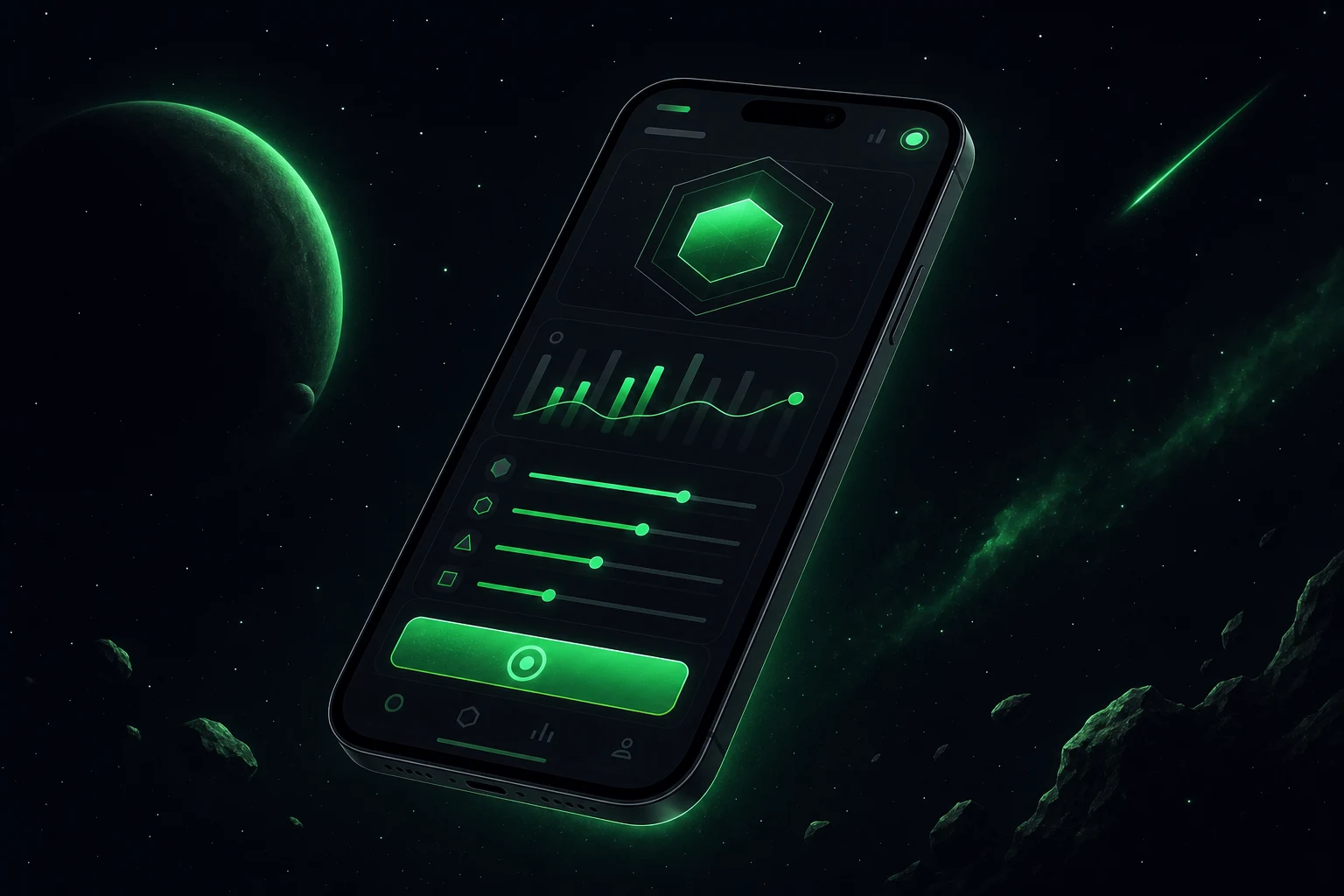 Illustrazione stilizzata di uno smartphone con interfaccia app al neon verde