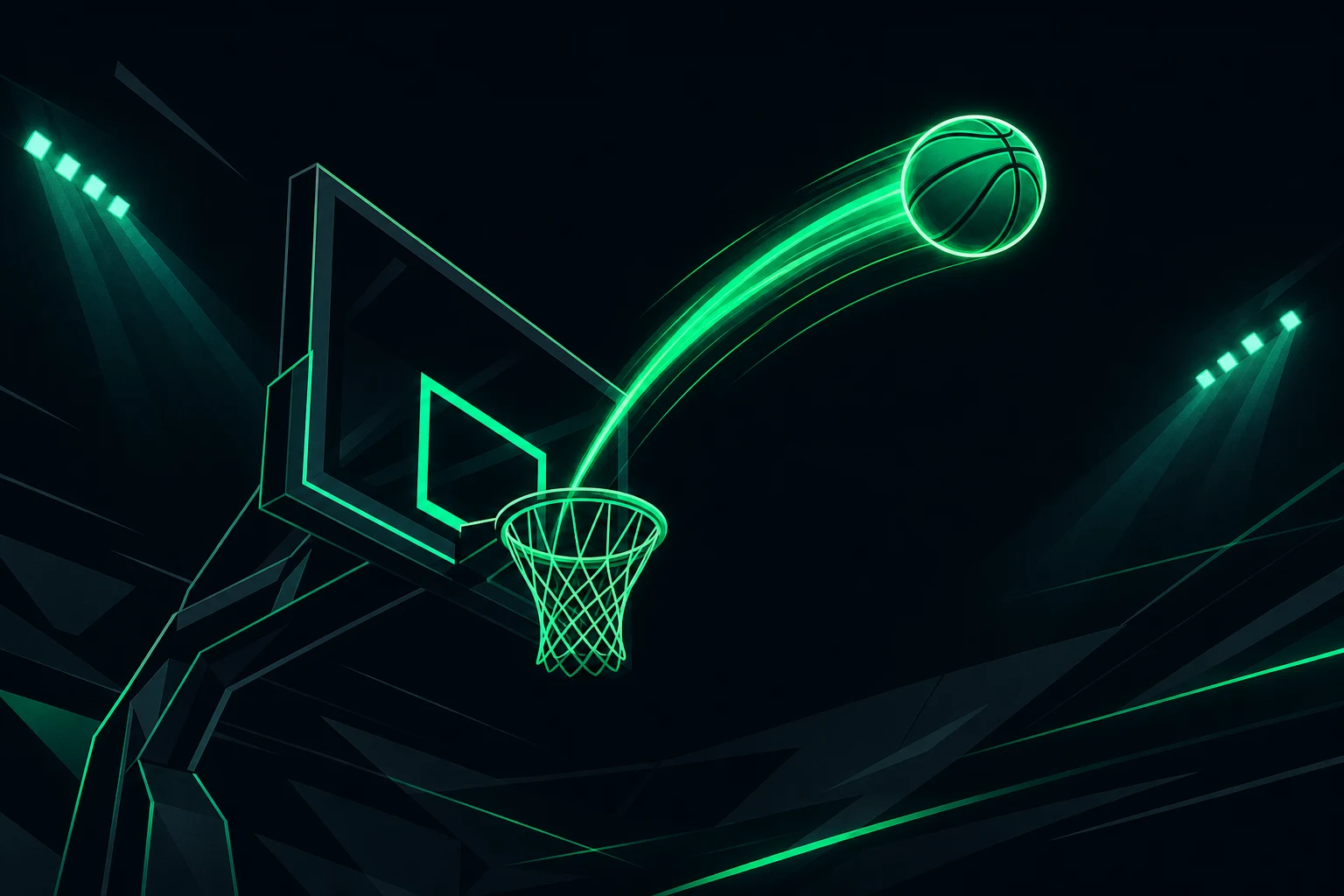 Illustrazione stilizzata di un canestro da basket con scia luminosa al neon verde