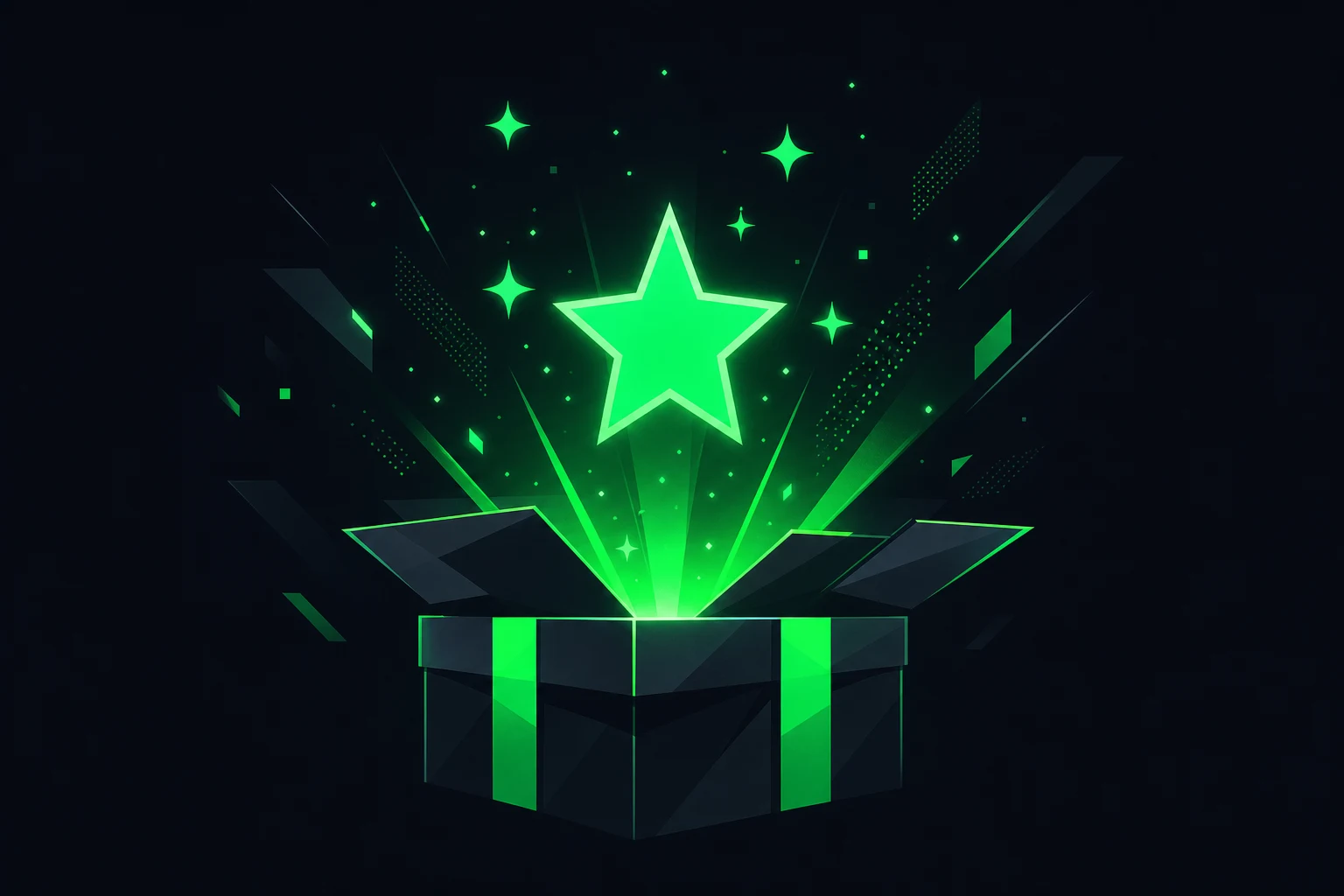 Illustrazione stilizzata di un regalo luminoso con stella neon verde