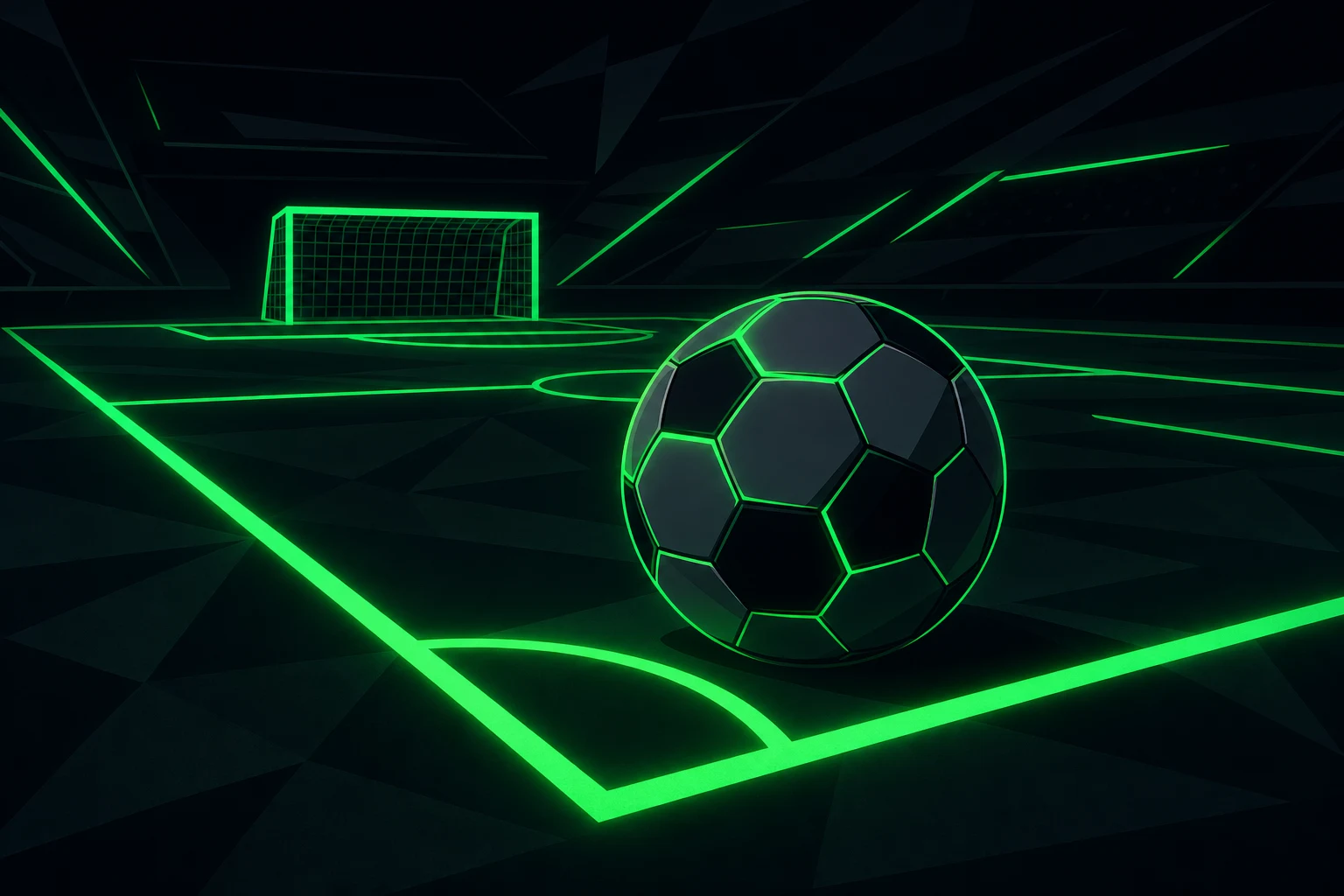Illustrazione stilizzata di un pallone da calcio su un campo al neon verde