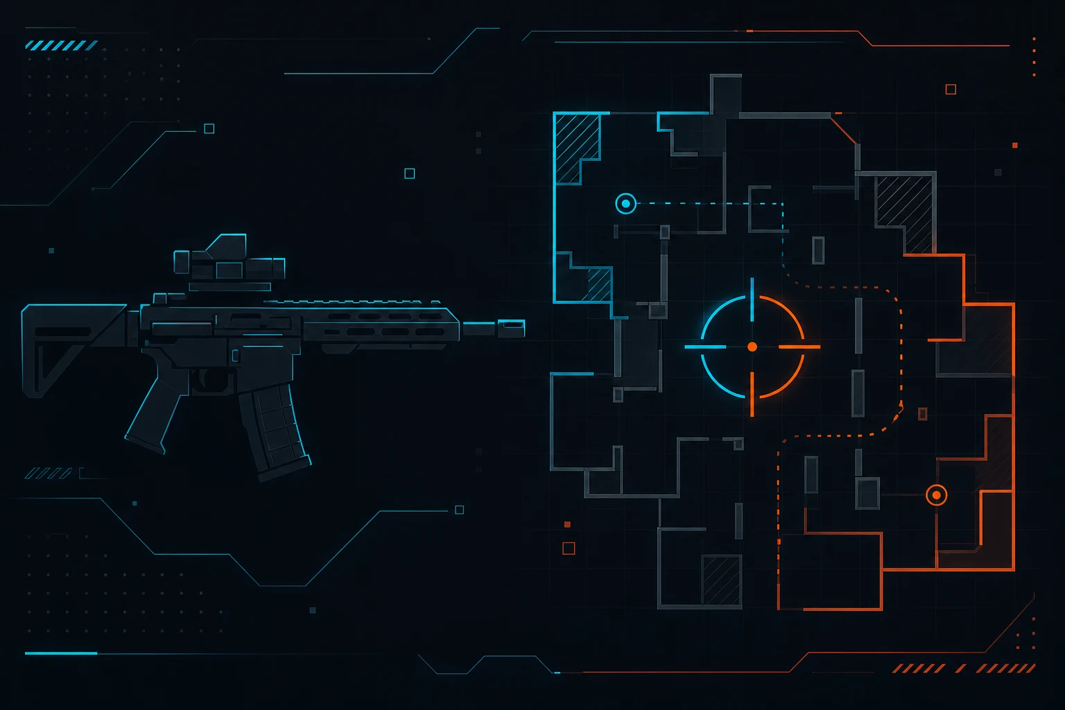 Illustrazione stilizzata tattica di uno sparatutto esports con mirino e linee neon ciano