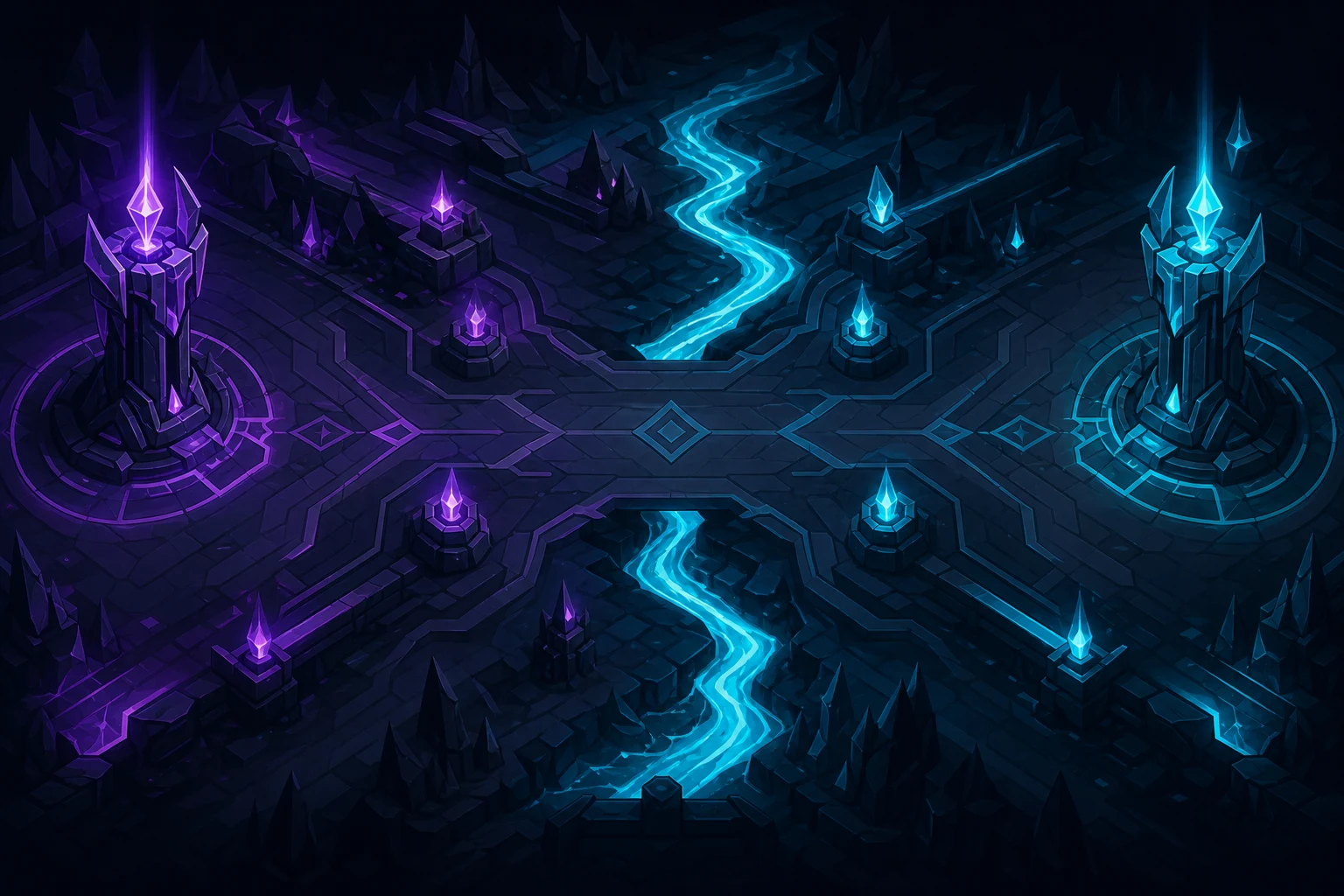 Illustrazione stilizzata di un'arena fantasy MOBA con torri luminose e fiume di energia
