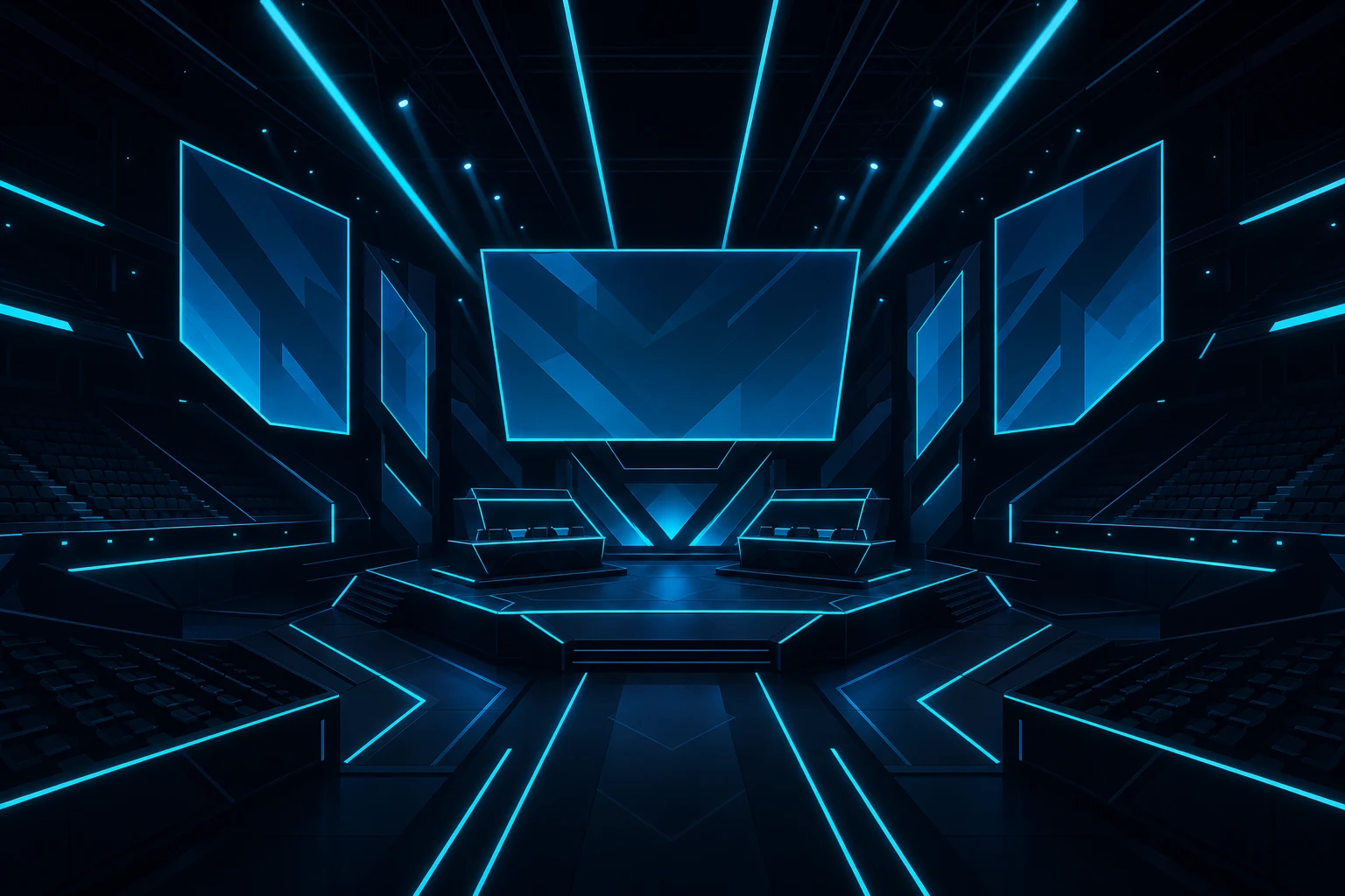 Illustrazione stilizzata di un'arena esports futuristica con schermi olografici ciano