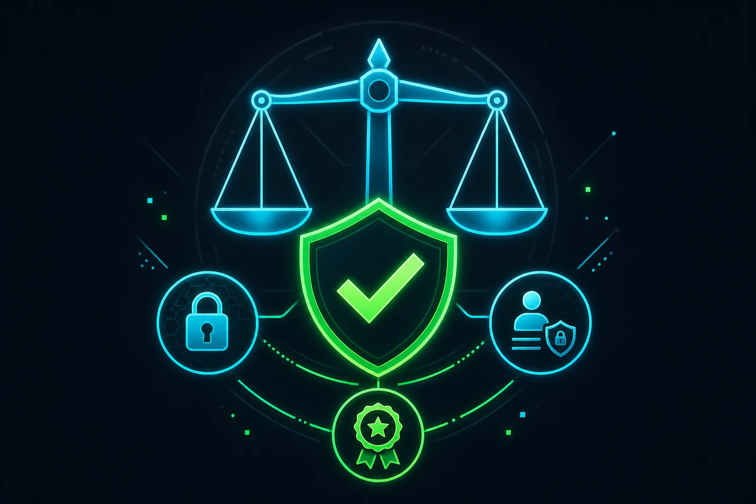Illustrazione stilizzata di uno scudo legale con bilancia della giustizia al neon