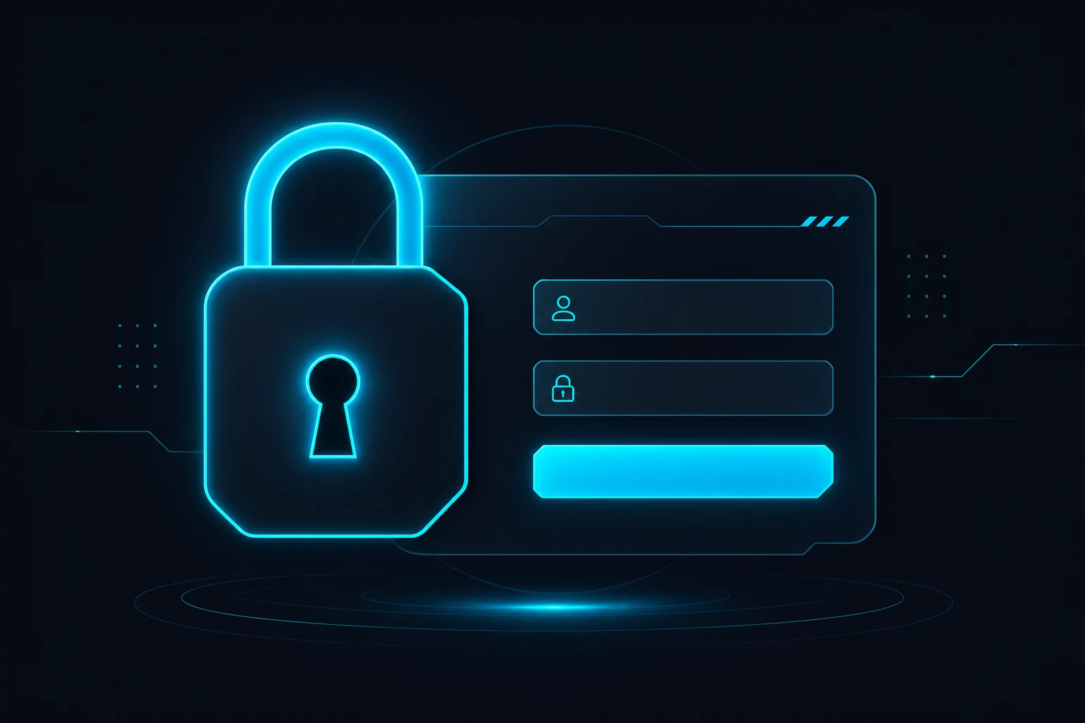 Illustrazione stilizzata di un lucchetto digitale con pannello di accesso al neon ciano