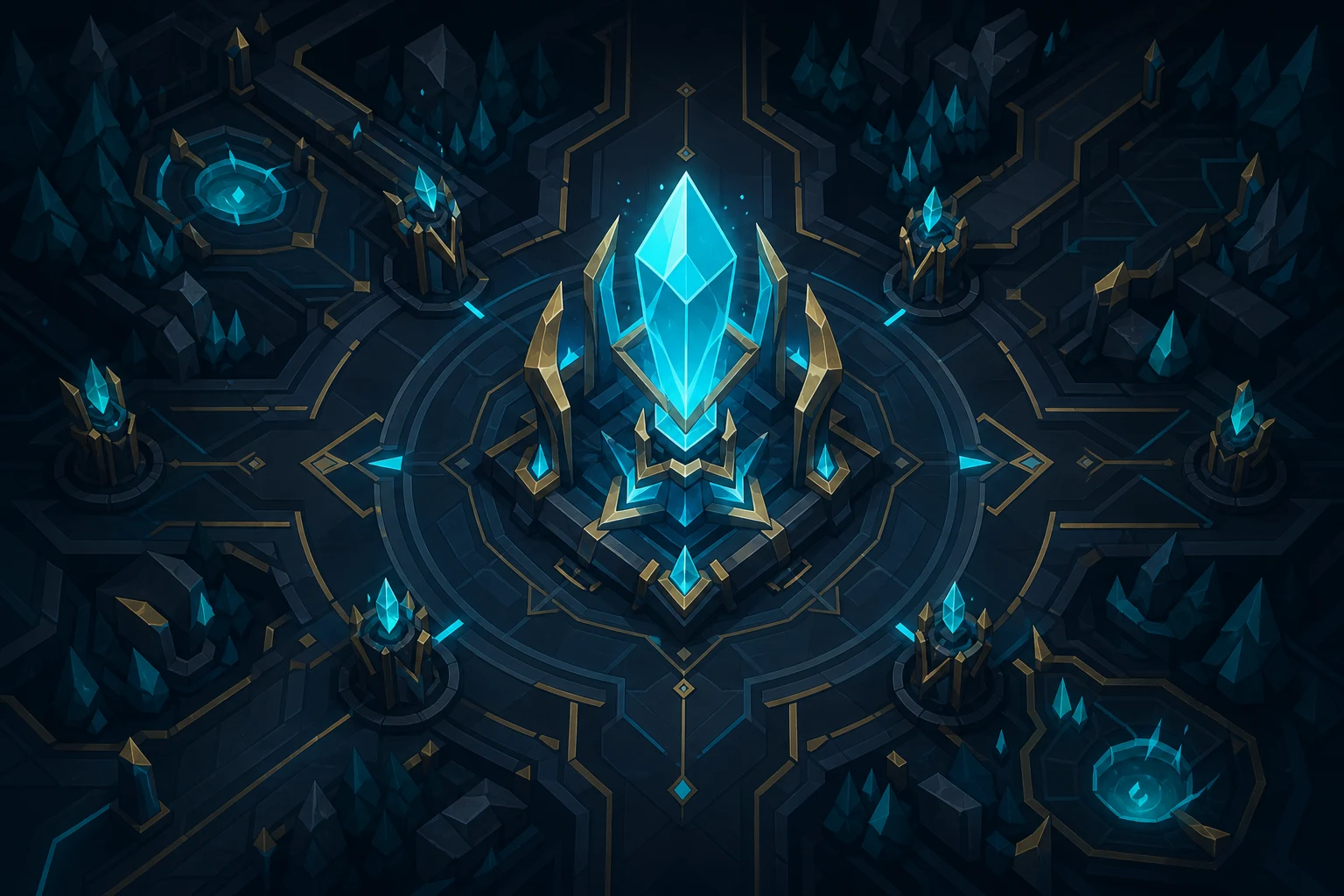 Illustrazione stilizzata di un nexus fantasy MOBA con cristallo luminoso dorato