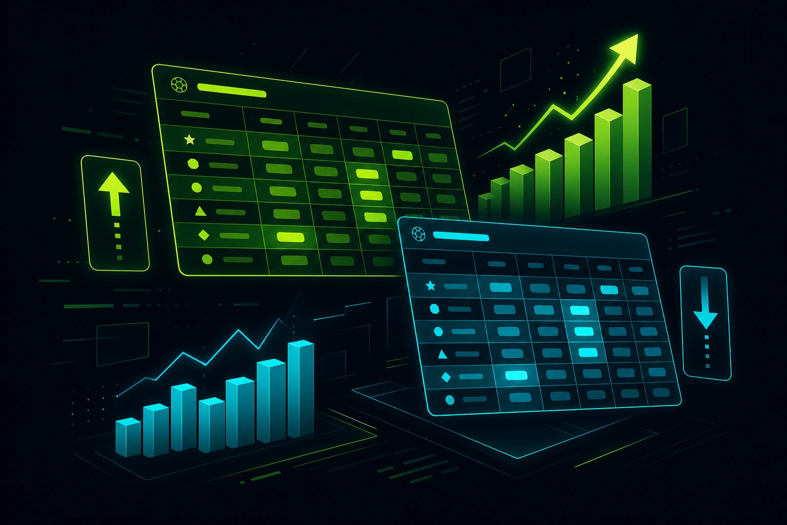 Illustrazione stilizzata di tabelle di confronto quote e grafici neon