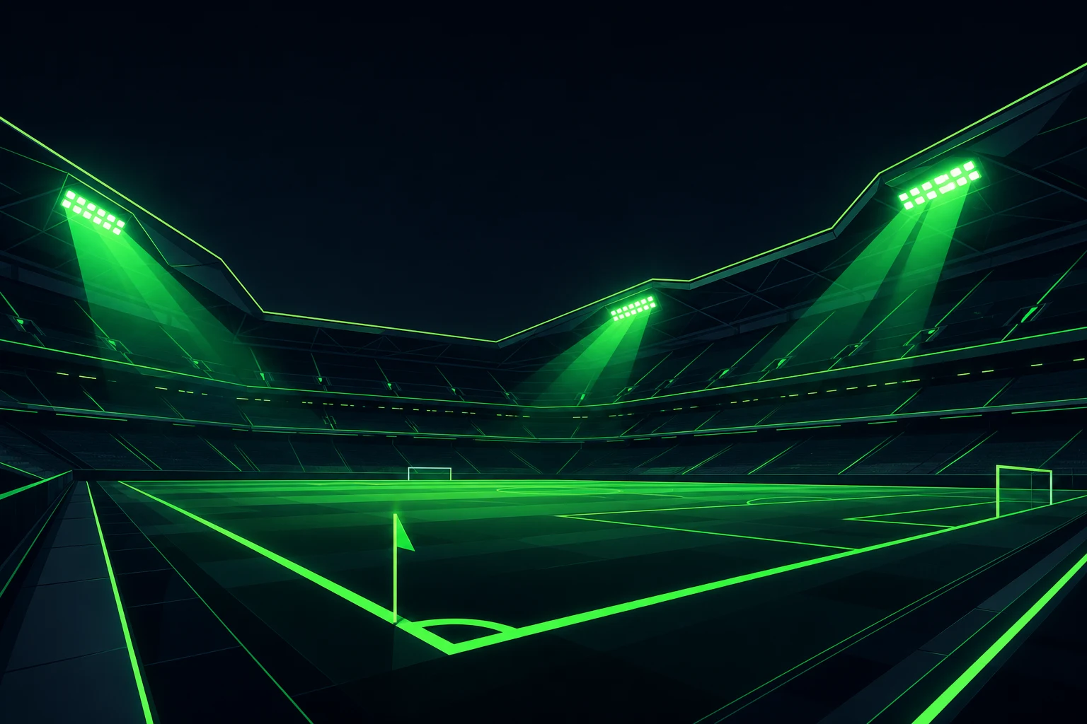 Illustrazione stilizzata di uno stadio sportivo con luci al neon verde lime