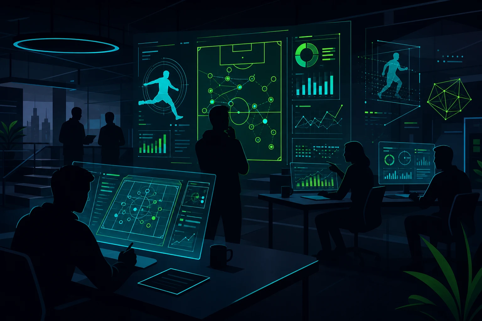 Illustrazione stilizzata di un ufficio moderno con analisti sportivi e schermi olografici