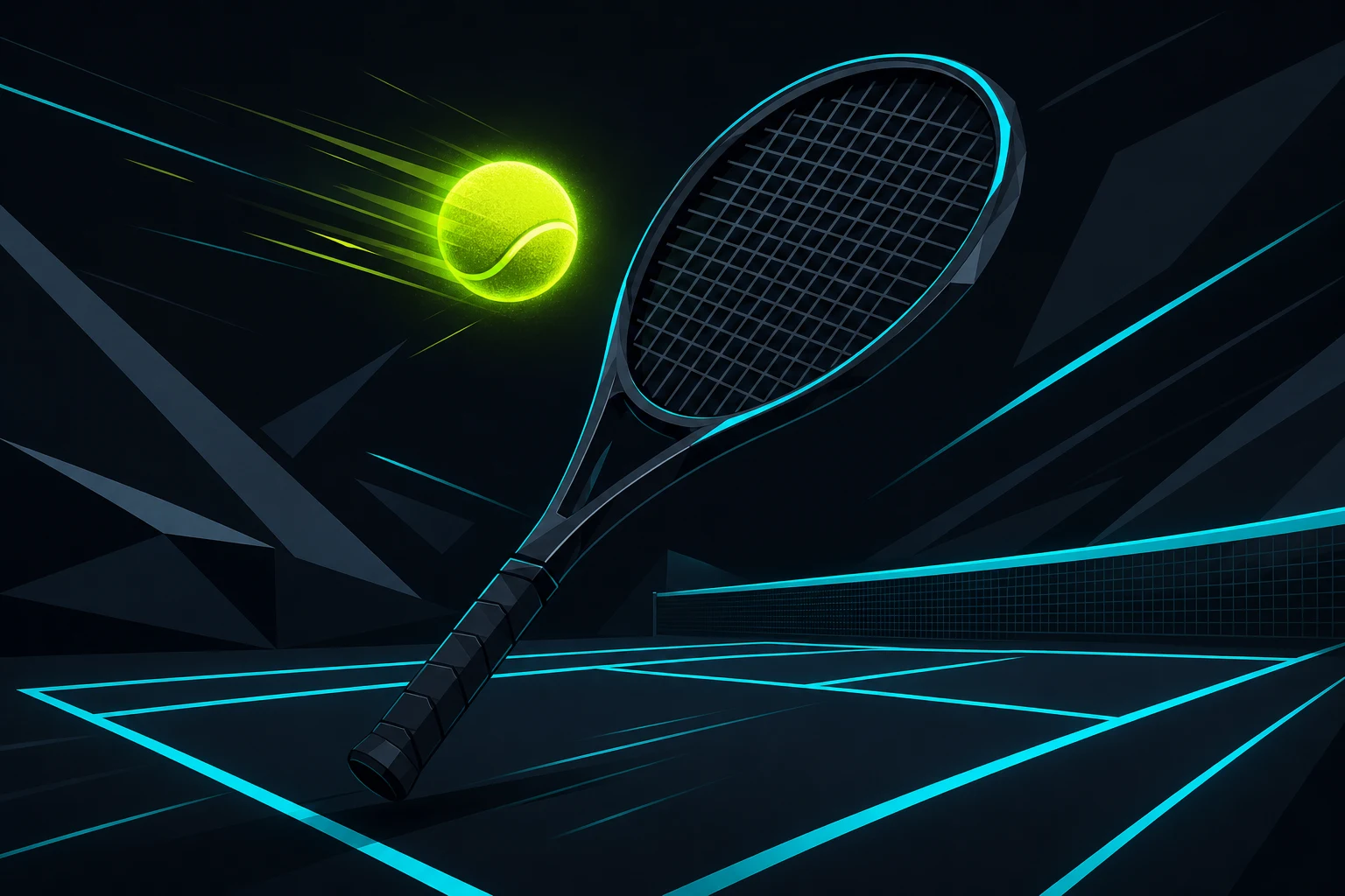 Illustrazione stilizzata di una racchetta da tennis con luci neon ciano