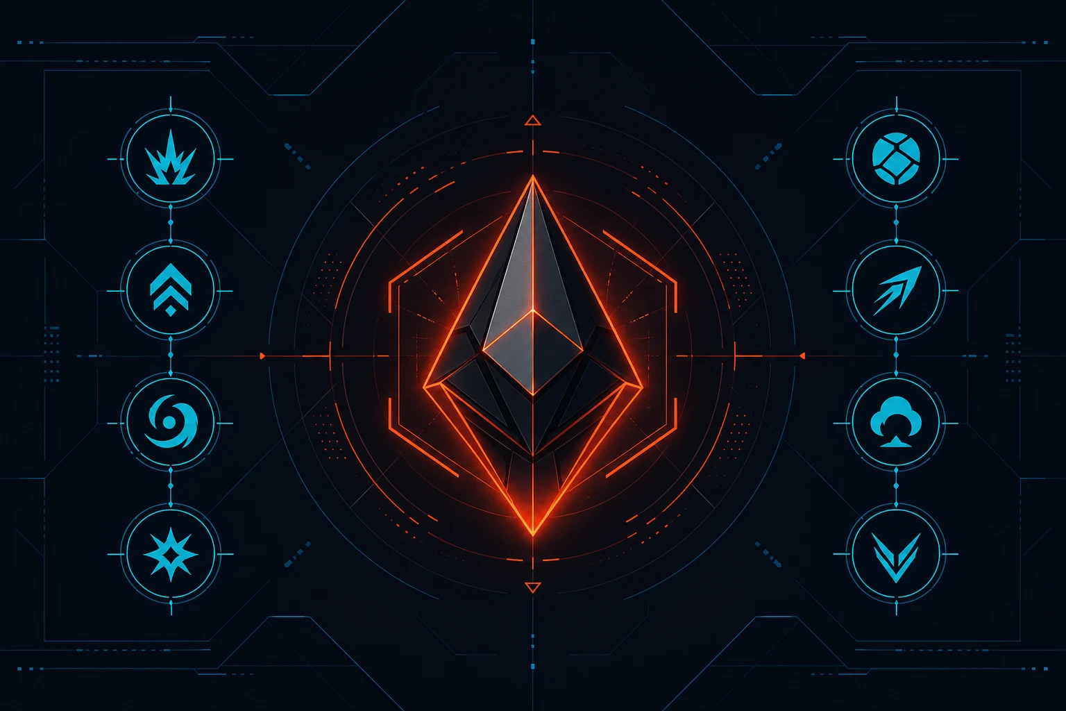 Illustrazione stilizzata tattica di uno sparatutto a squadre con icona spike neon arancione